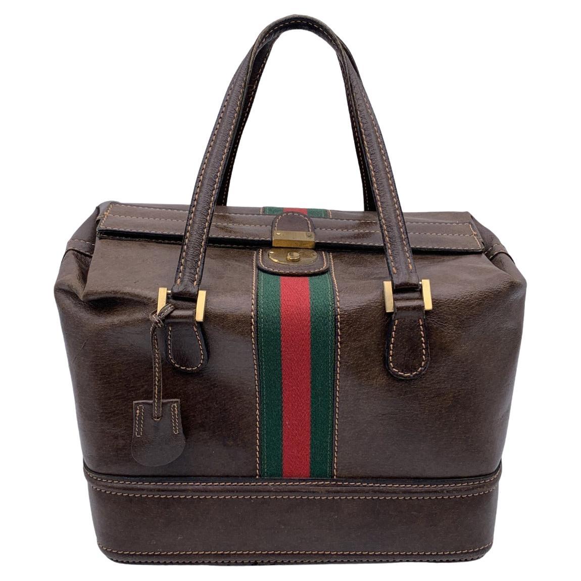 Gucci Vintage Brown Leather Travel Bag Train Case with Stripes