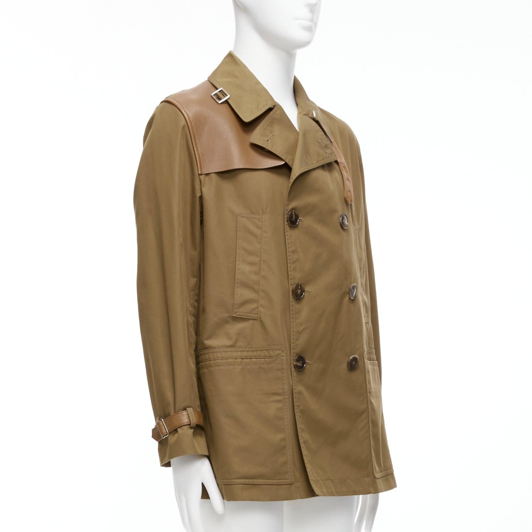 GUCCI Vintage brown leather trimmed cotton wool blend lined trench coat IT48 M In Good Condition For Sale In Hong Kong, NT
