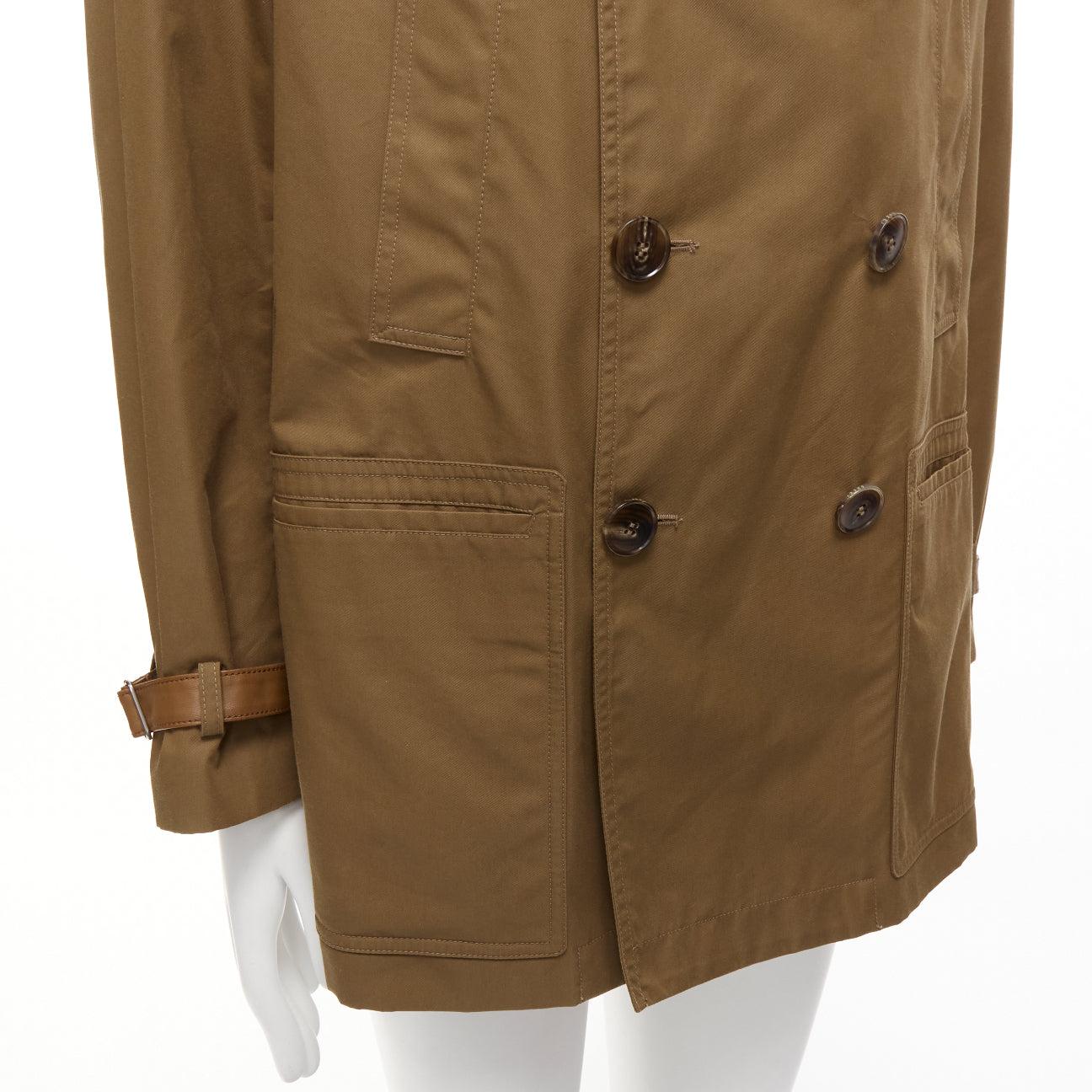 GUCCI Vintage brown leather trimmed cotton wool blend lined trench coat IT48 M For Sale 3