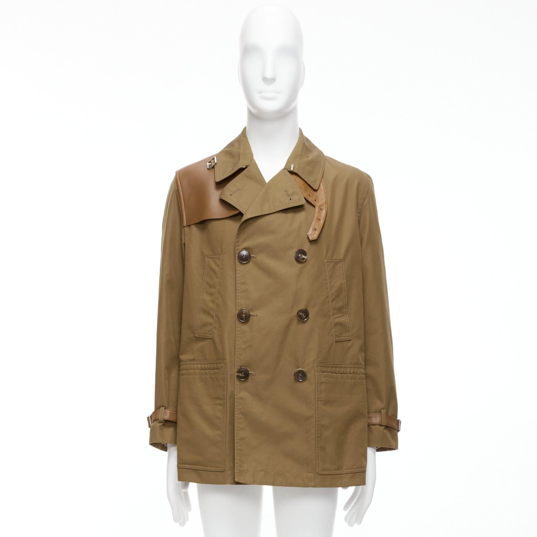 GUCCI Vintage brown leather trimmed cotton wool blend lined trench coat IT48 M For Sale 5