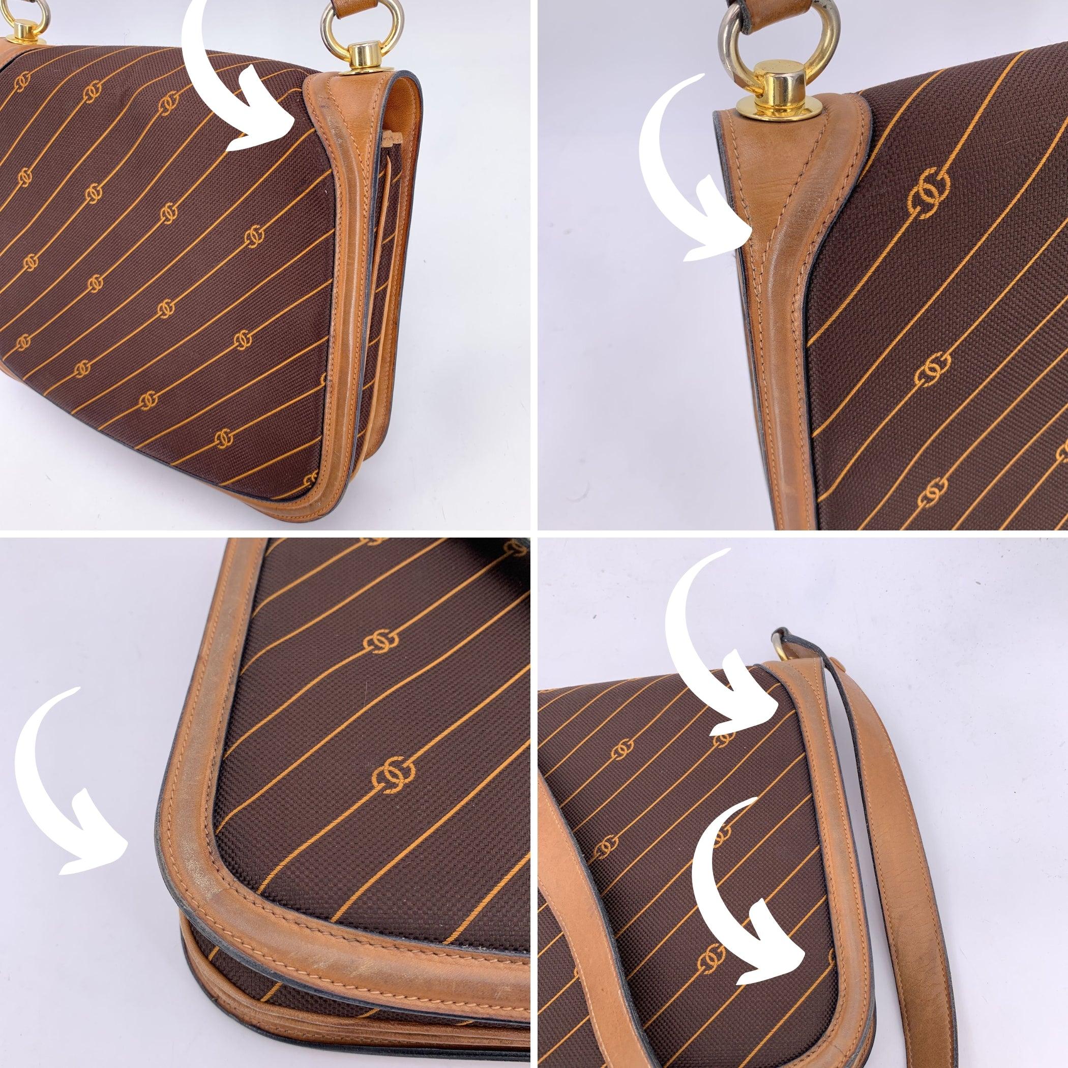 Gucci Vintage Brown Logo Canvas GG Shoulder Bag Tan Leather For Sale 1