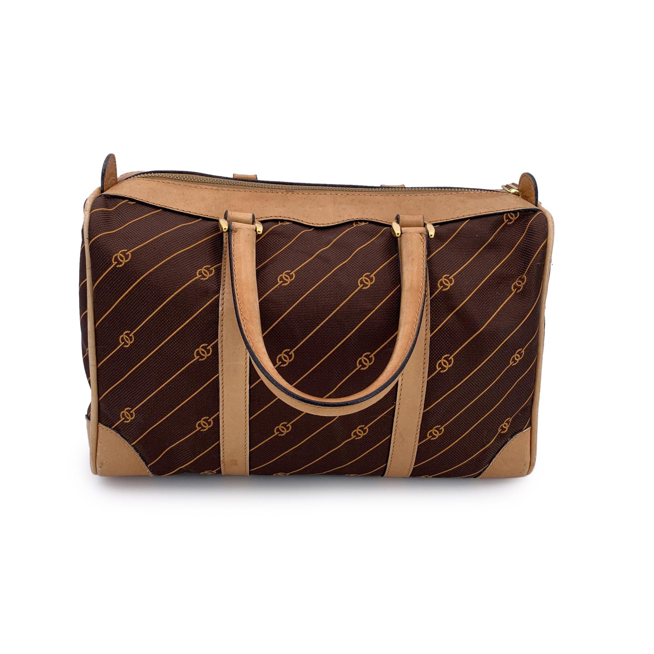 Beige Gucci Vintage Brown Logo Canvas GG Tan Leather Boston Bag For Sale