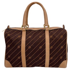 Gucci Vintage Brown Logo Canvas GG Tan Leather Boston Bag