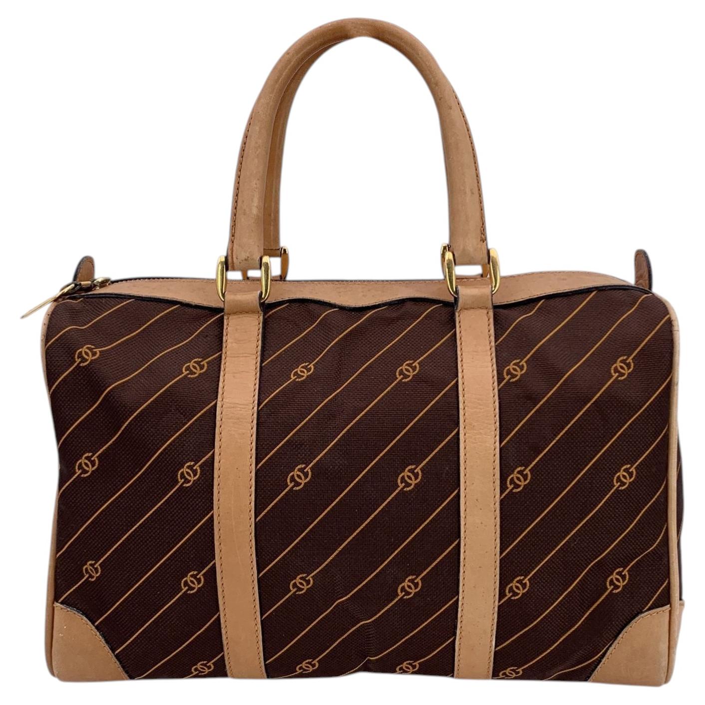 Gucci Vintage Brown Logo Canvas GG Tan Leather Boston Bag