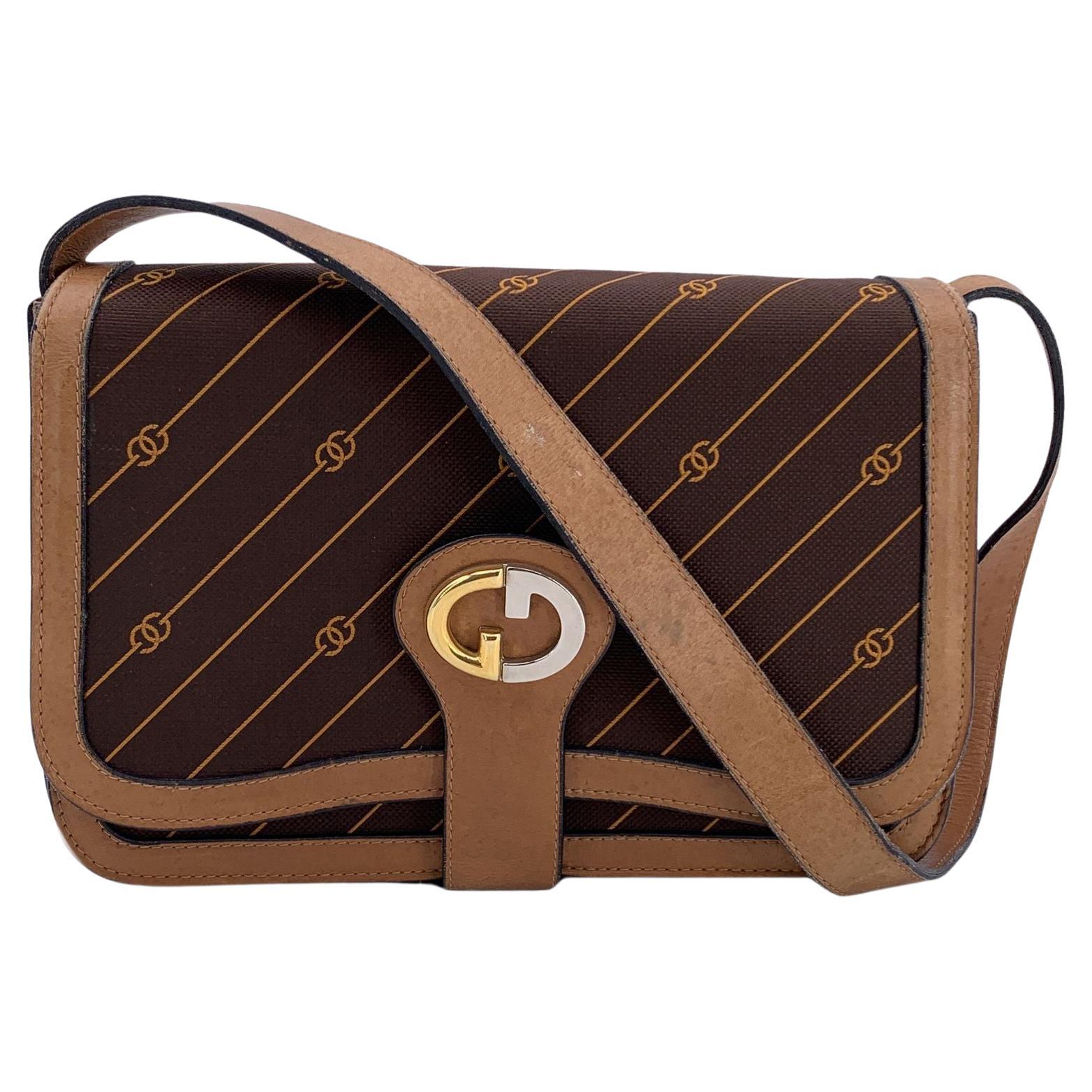 Gucci Vintage Brown Logo Canvas GG Tan Leather Sac à bandoulière
