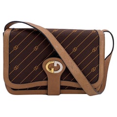 Gucci Vintage Brown Logo Canvas GG Tan Leather Shoulder Bag
