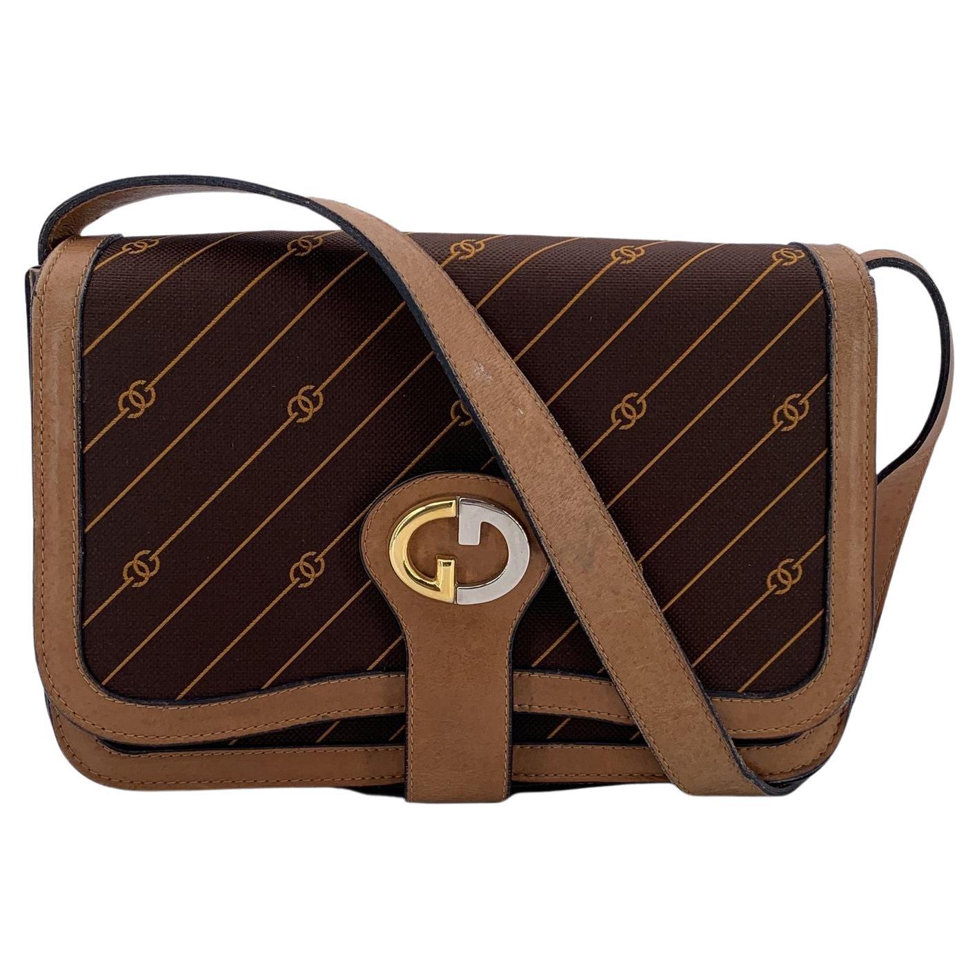 Gucci Vintage Brown Logo Canvas GG Tan Leather Sac à bandoulière