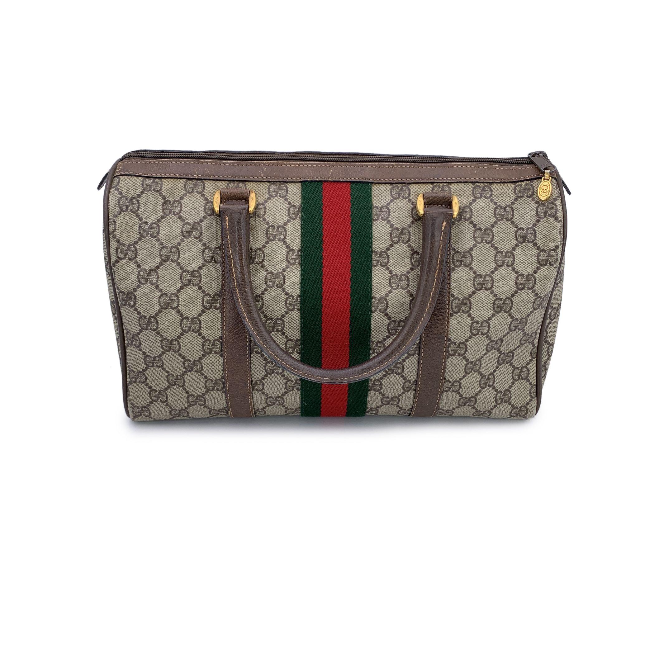 Gray Gucci Vintage Brown Monogram Canvas and Leather Web Boston Bag