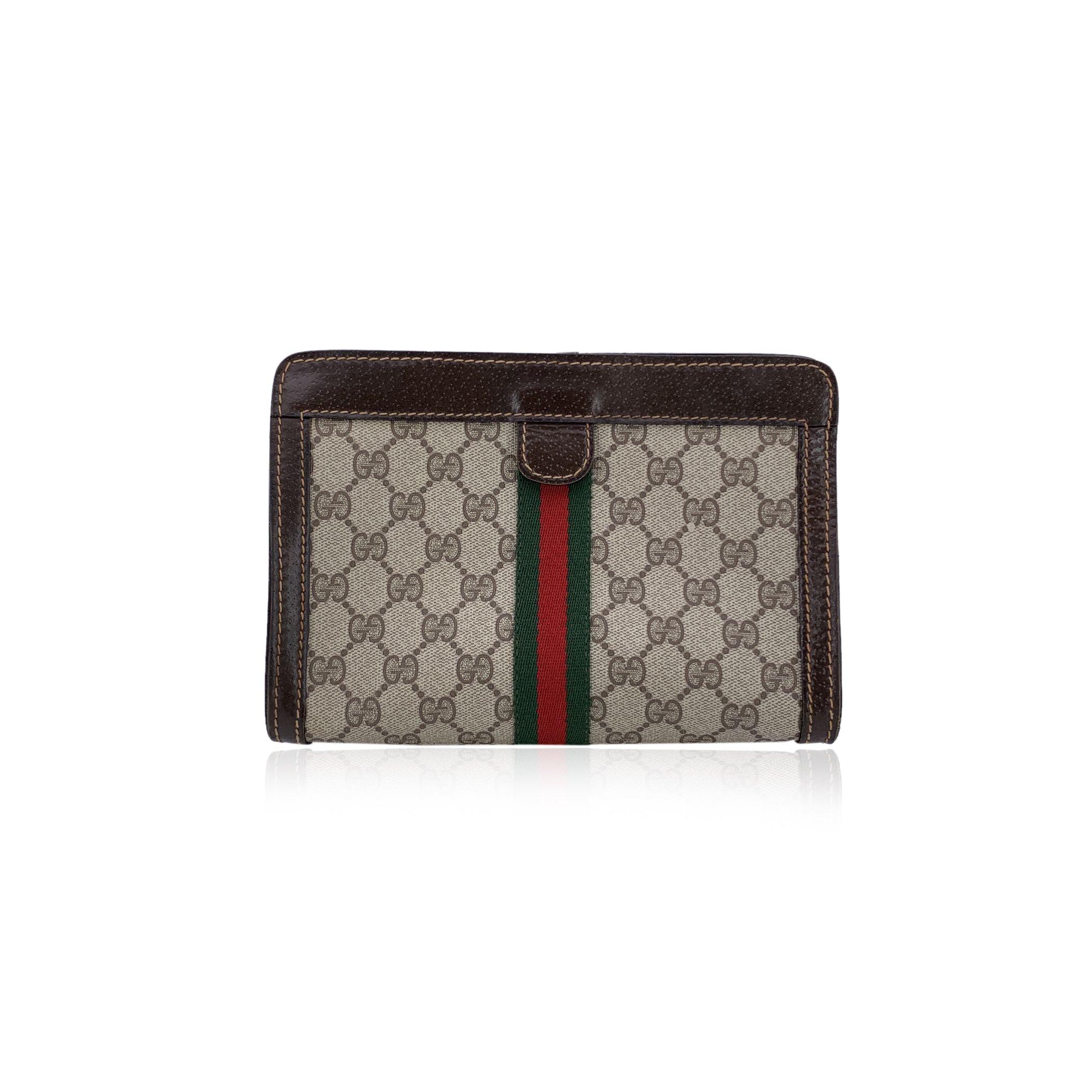 Gray Gucci Vintage Brown Monogram Canvas Cosmetic Bag Clutch with Stripes