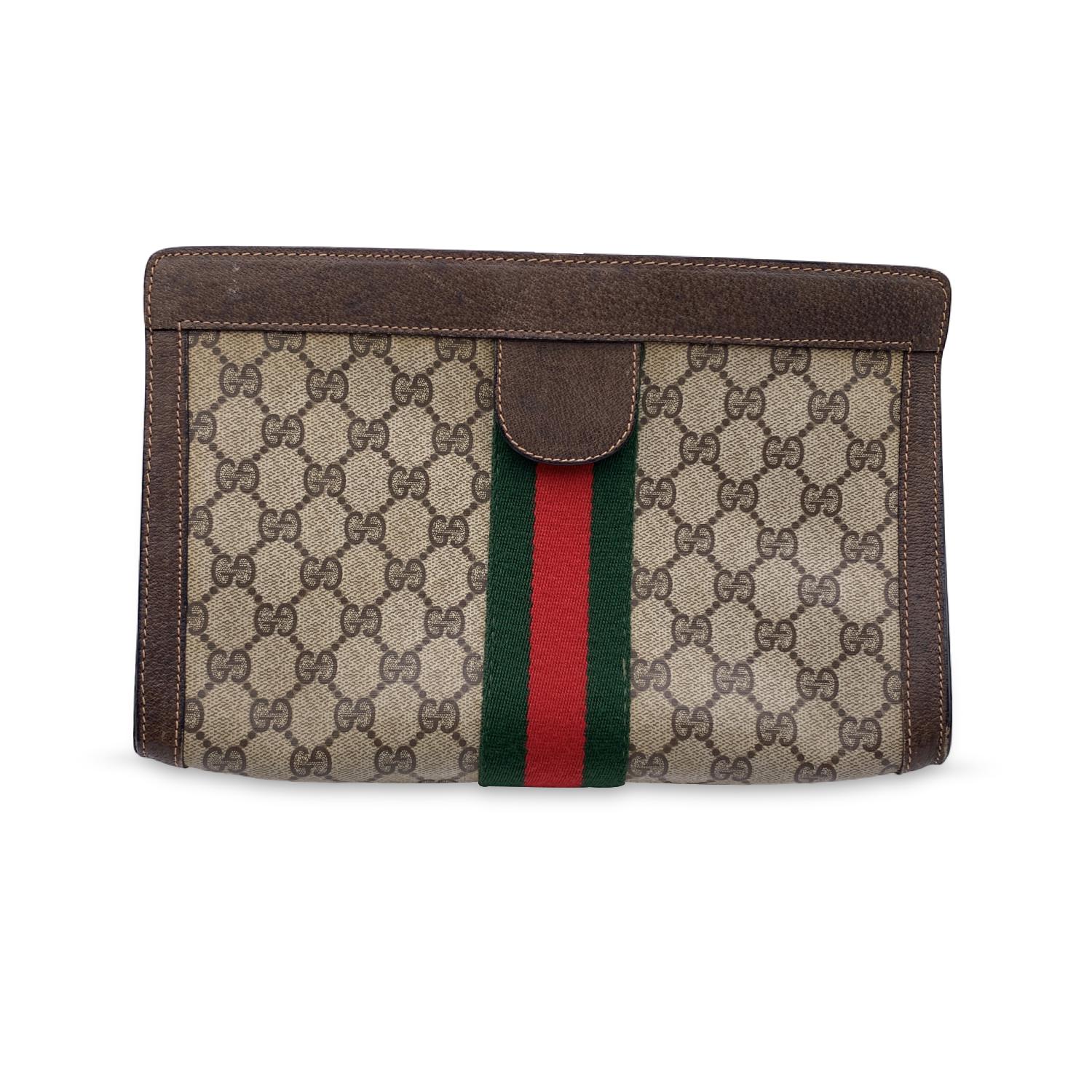 Gucci Vintage Brown Monogram Canvas Cosmetic Bag Clutch with Stripes In Excellent Condition In Rome, Rome