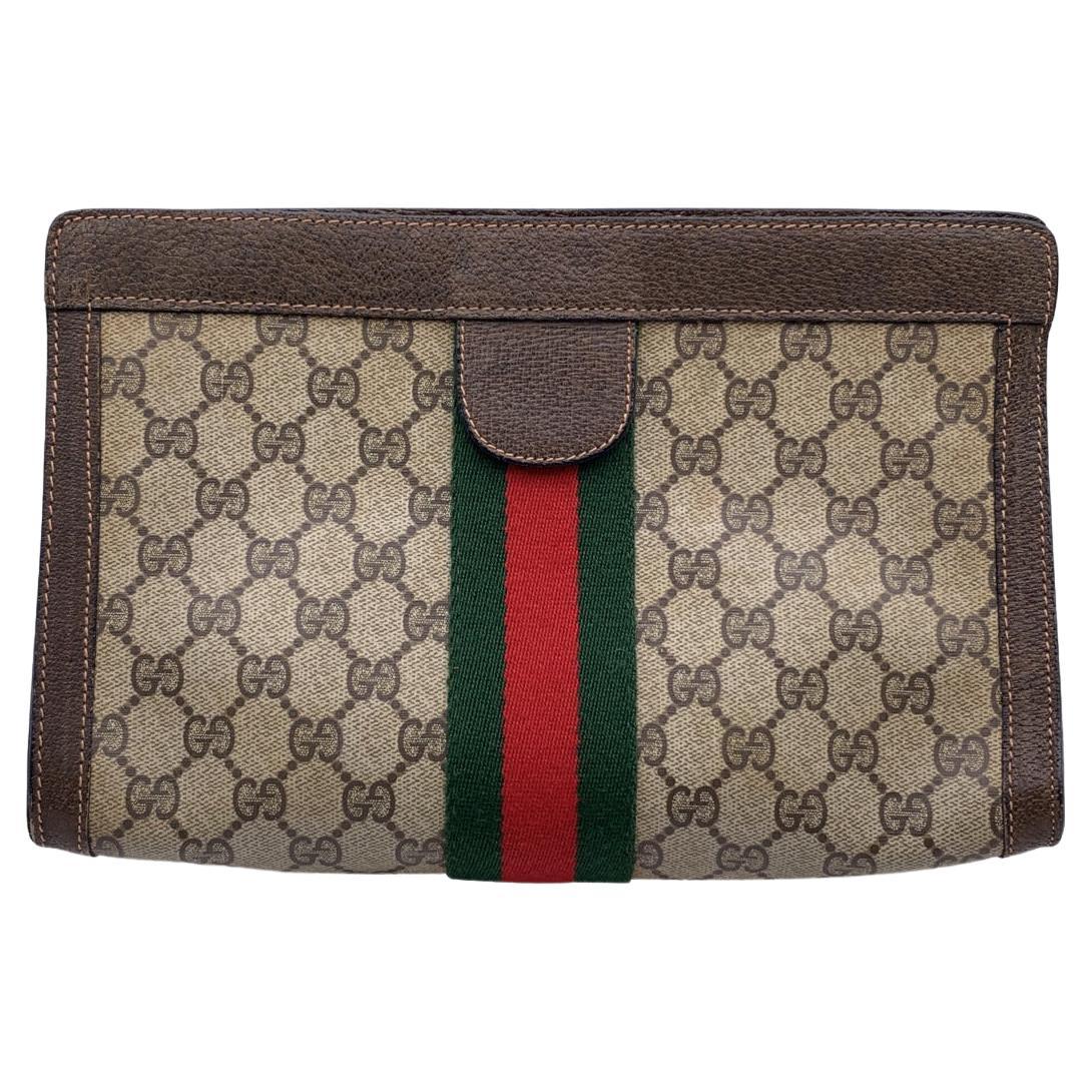Gucci Vintage Brown Monogram Canvas Cosmetic Bag Clutch with Stripes