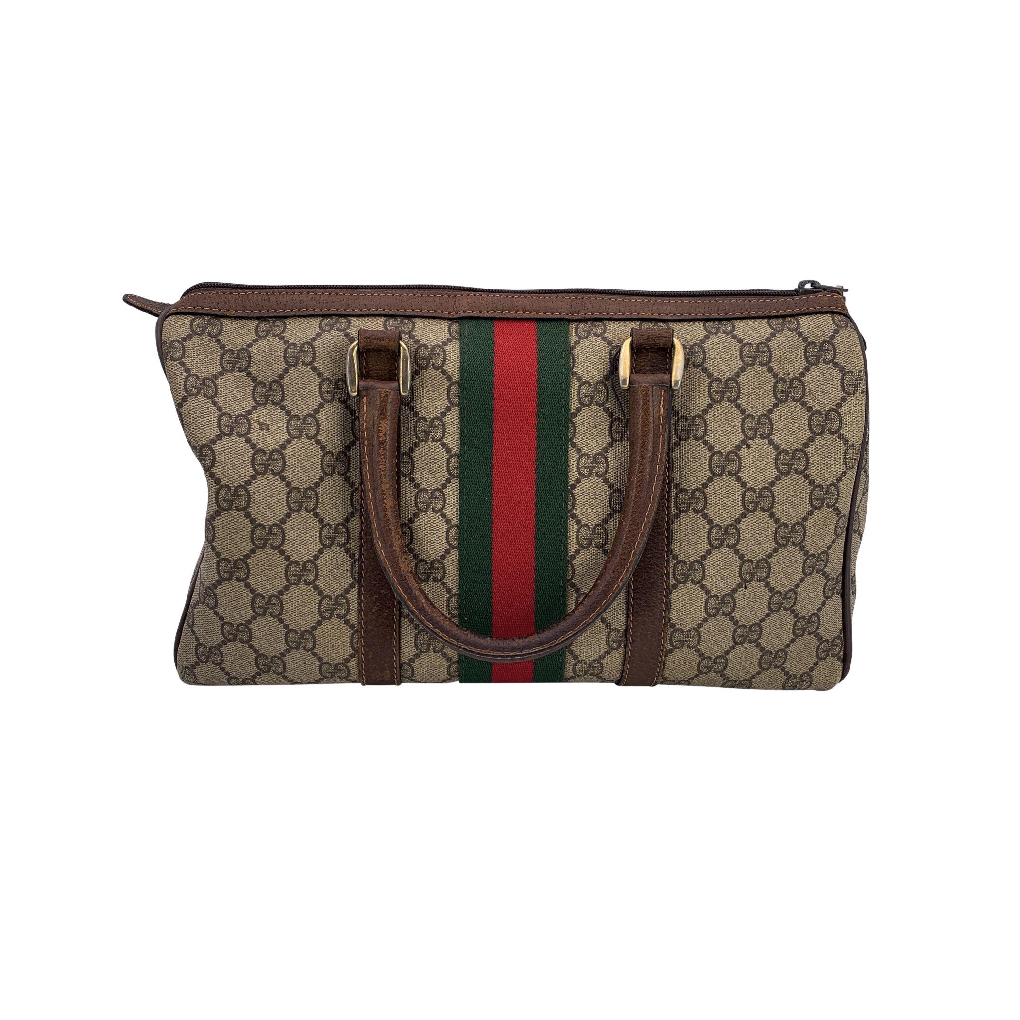 Noir Gucci Vintage Sac Boston en toile marron avec monogramme et cuir en vente