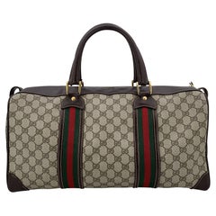 Gucci Vintage Brown Monogram Canvas Leather Web Duffle Boston Bag