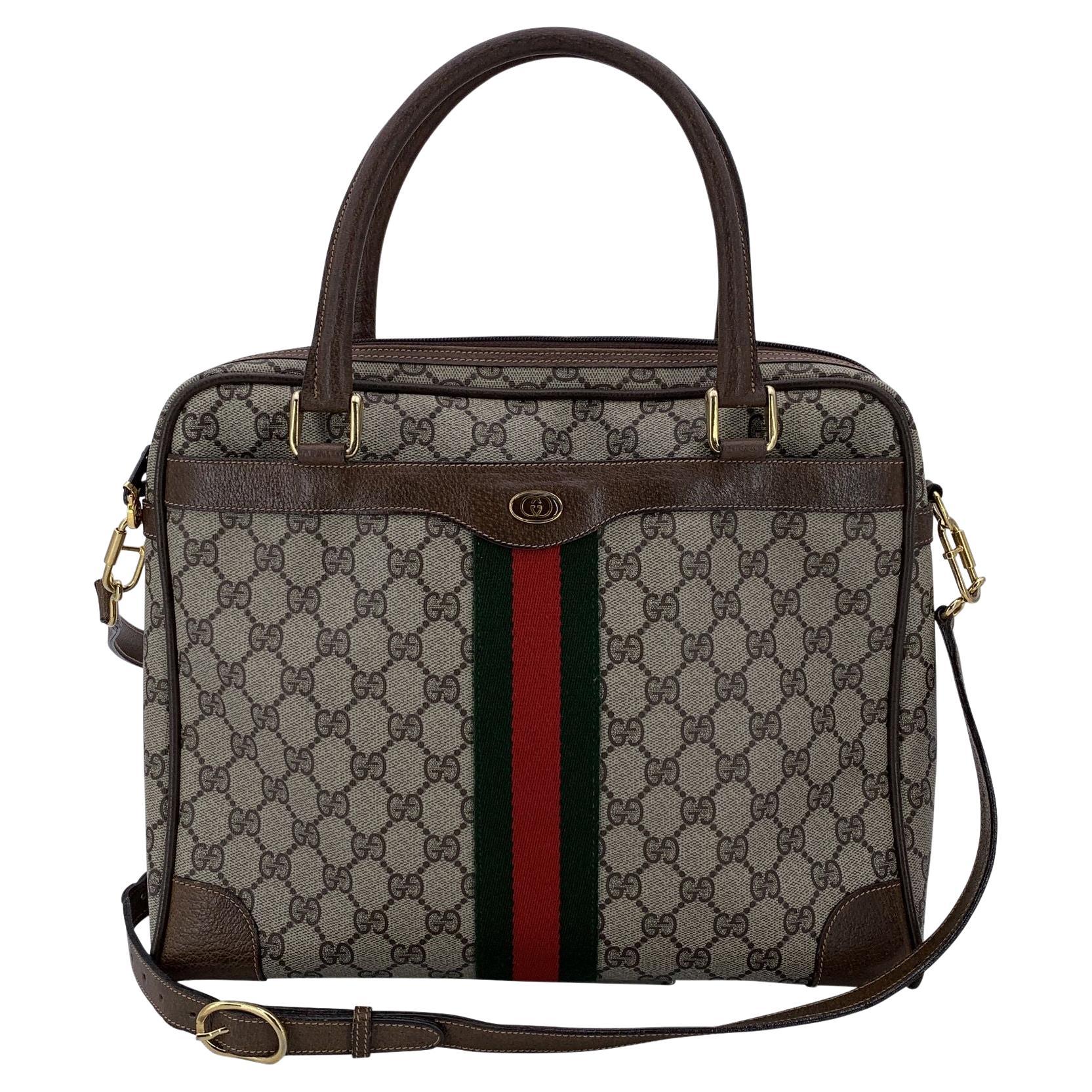 Gucci Vintage Brown Monogram Canvas Satchel Bag with Strap For Sale