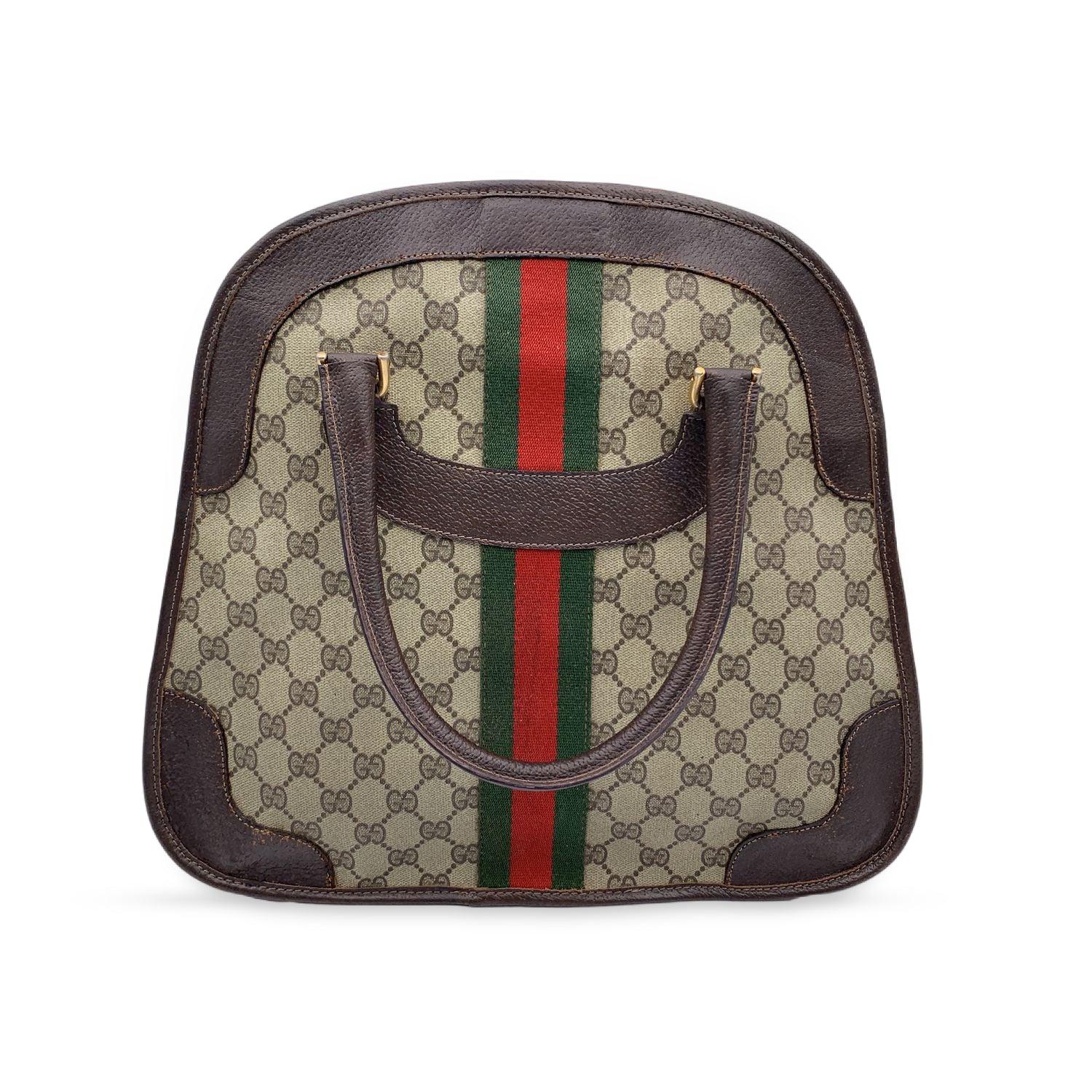 Gucci Vintage Brown Monogram Canvas Satchel Handbag with Stripes In Good Condition In Rome, Rome