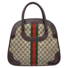 Gucci Vintage Brown Monogram Canvas Satchel Handbag with Stripes