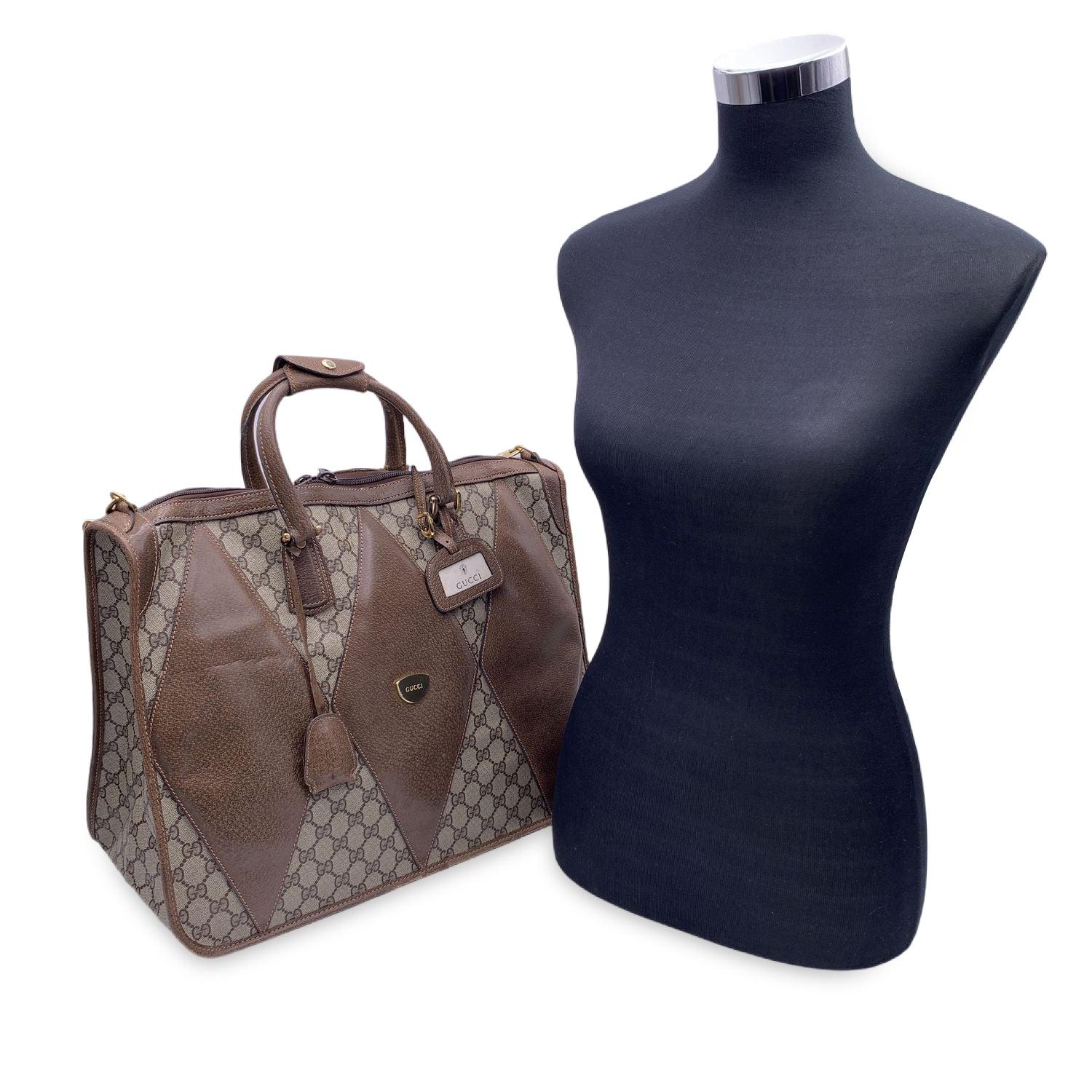 Beautiful Gucci tote made in brown monogram canvas with brown leather trim and handles. brown leather diamond panel on the front and on the back. Gucci gold metal logo tab on the front. Double top carry handles and removable shoulder strap. Address