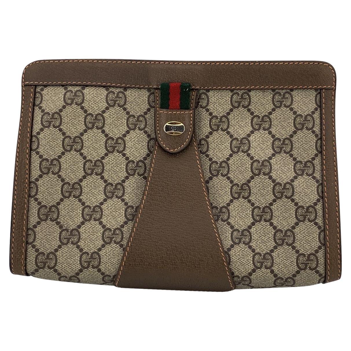 Gucci Vintage Brown Monogram Canvas Web Cosmetic Bag Clutch im Angebot