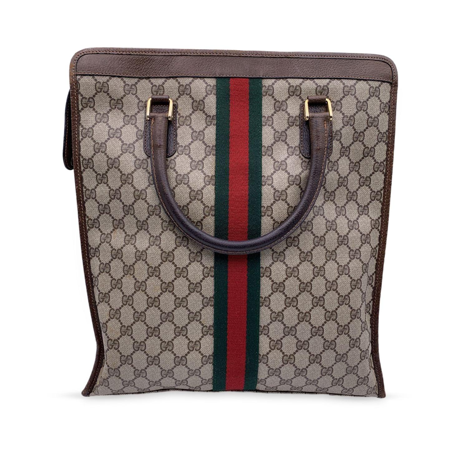 Gucci Vintage Brown Monogram Shopping Bag Tote with Stripes In Good Condition In Rome, Rome