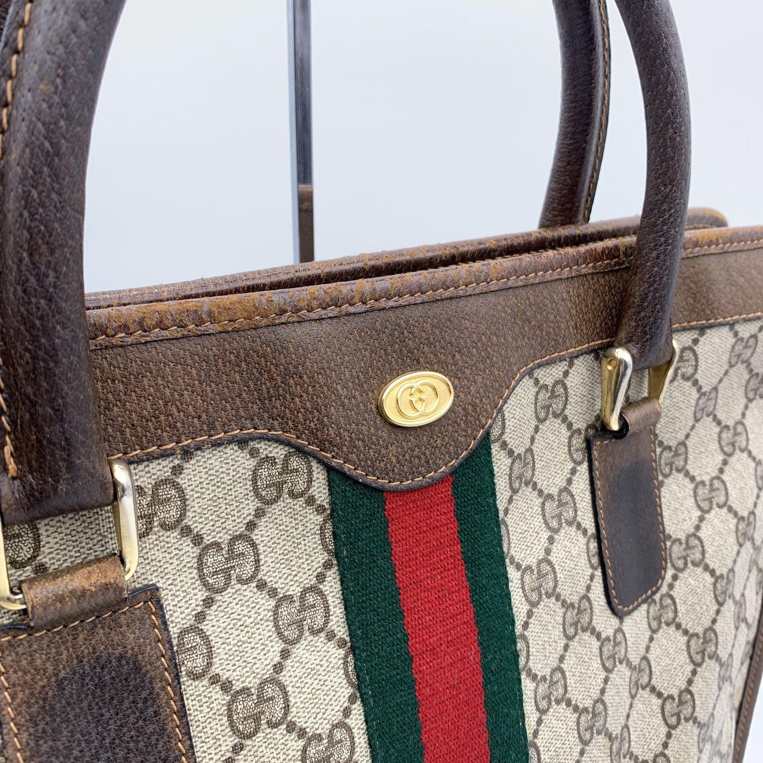 Gucci Vintage Brown Monogram Shopping Bag Tote with Stripes 4