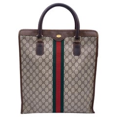 Gucci Retro Brown Monogram Shopping Bag Tote with Stripes