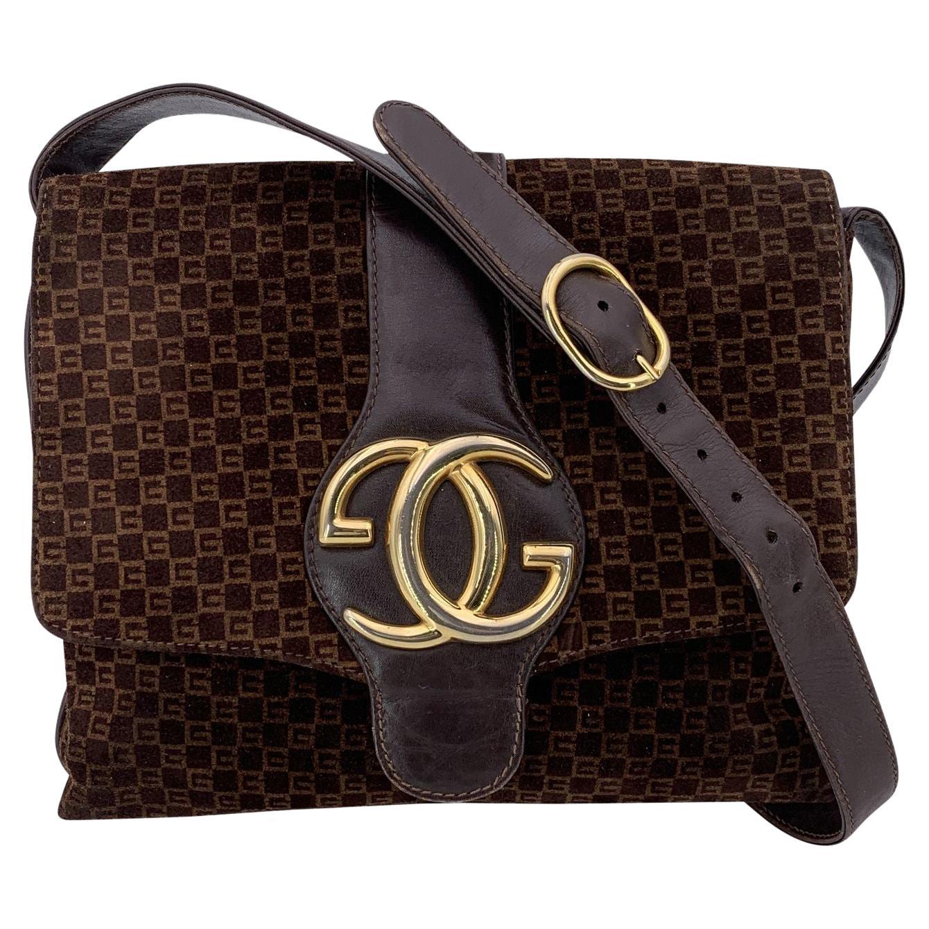 Gucci Vintage Brown Monogram Suede and Leather Shoulder Bag For Sale