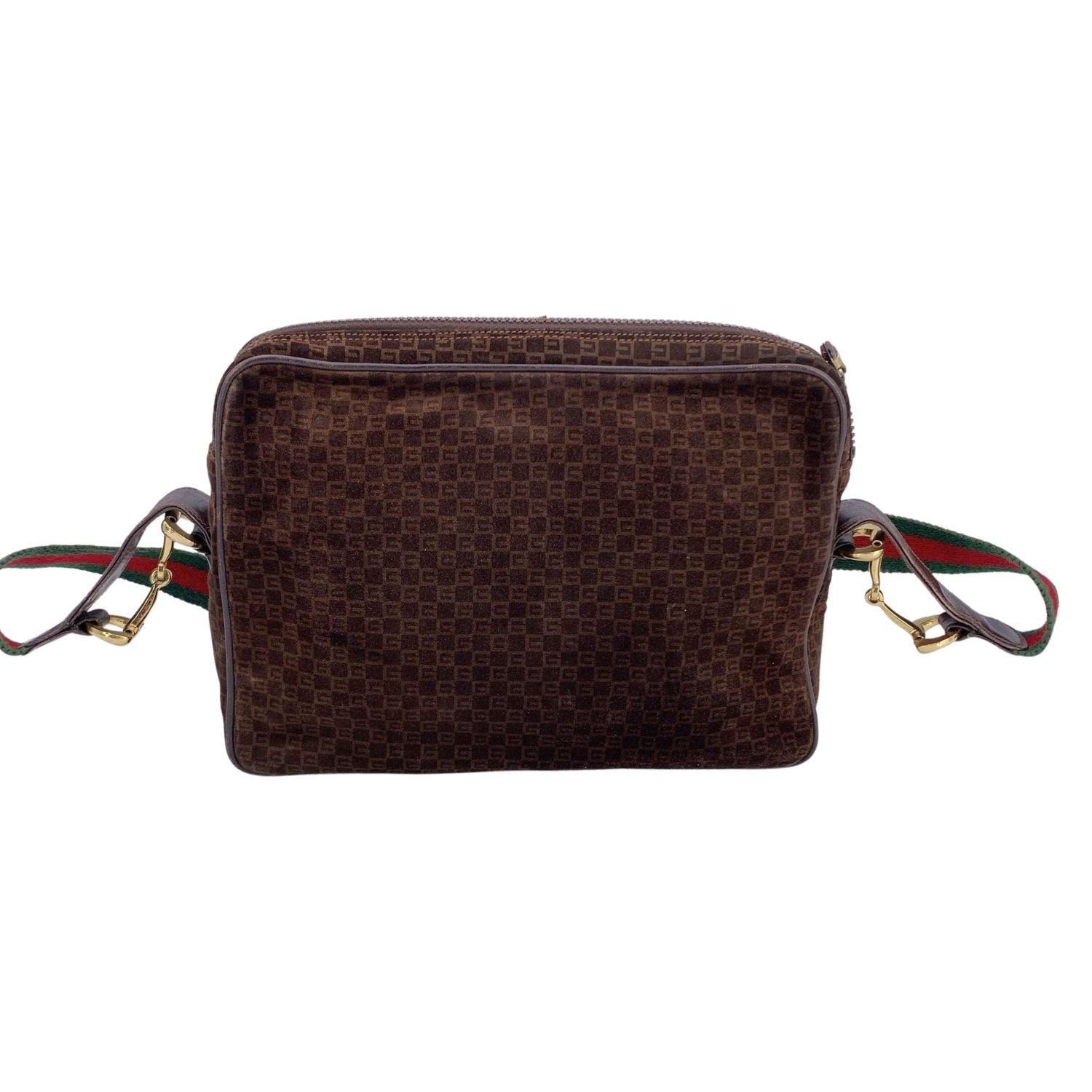 Gucci Vintage Brown Monogram Suede Web Shoulder Bag (Schwarz) im Angebot