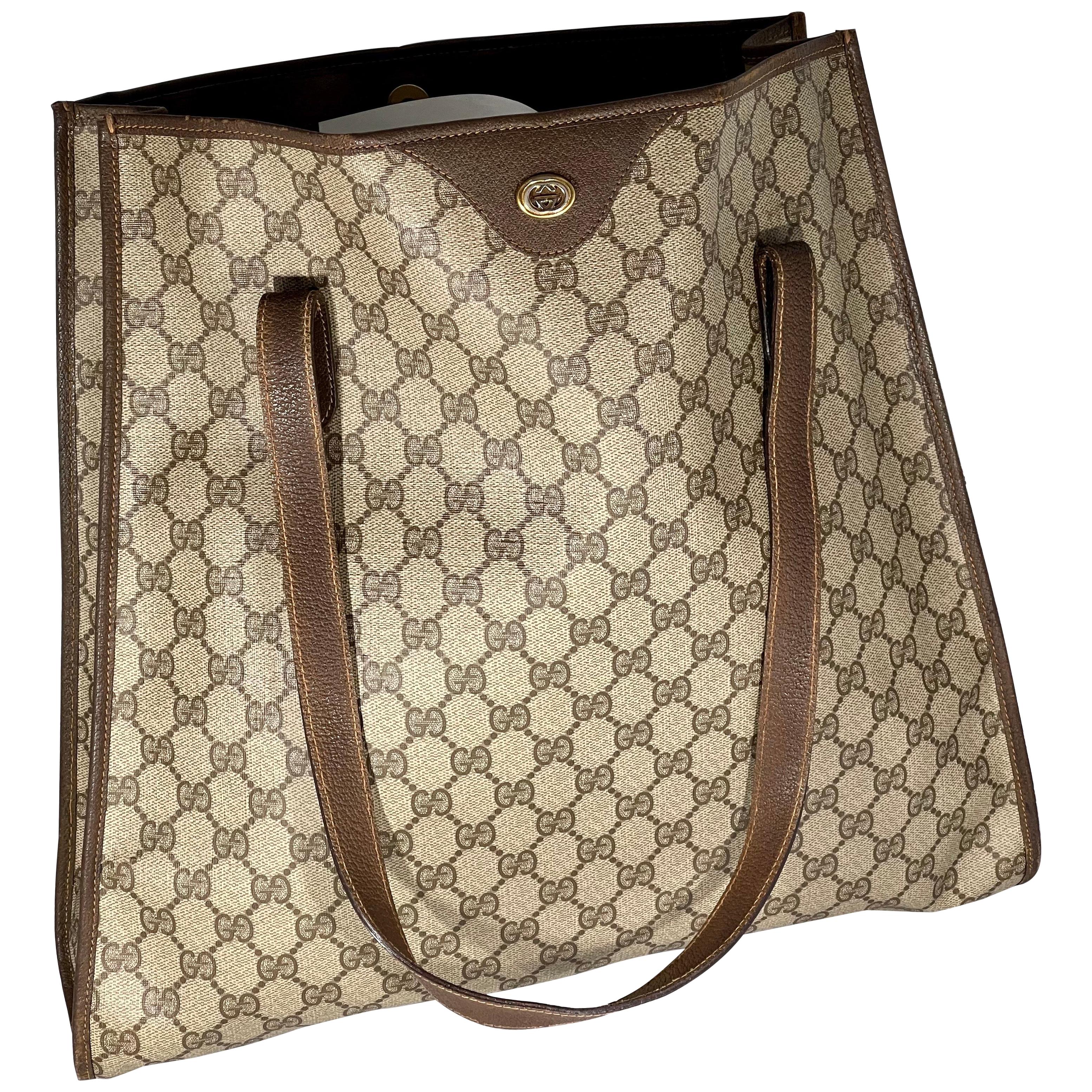 Gucci  Vintage Brown Shopper Supreme GG Monogram Canvas Large Tote Shoulder Bag 