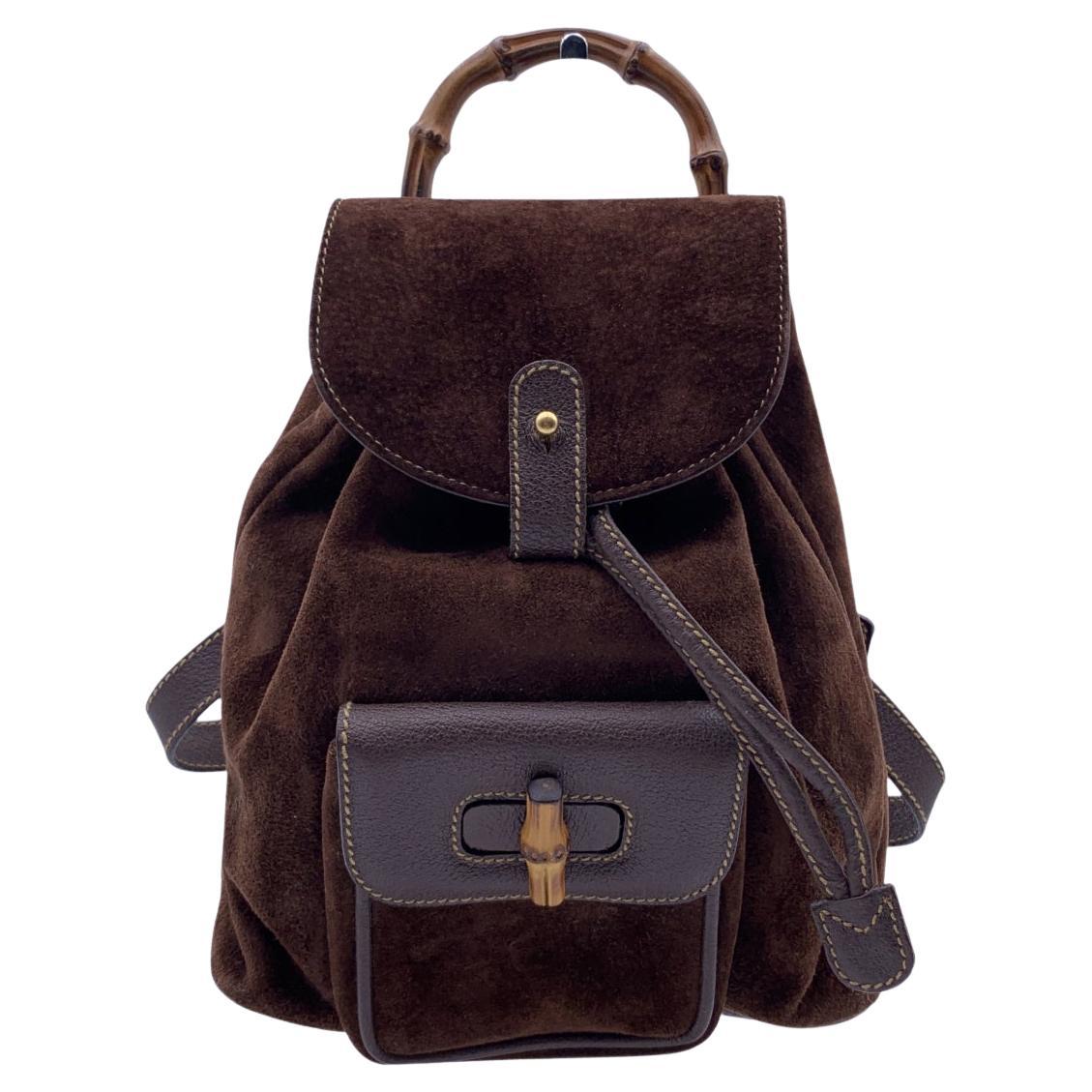 Gucci Vintage Brown Suede and Leather Bamboo Small Backpack Bag