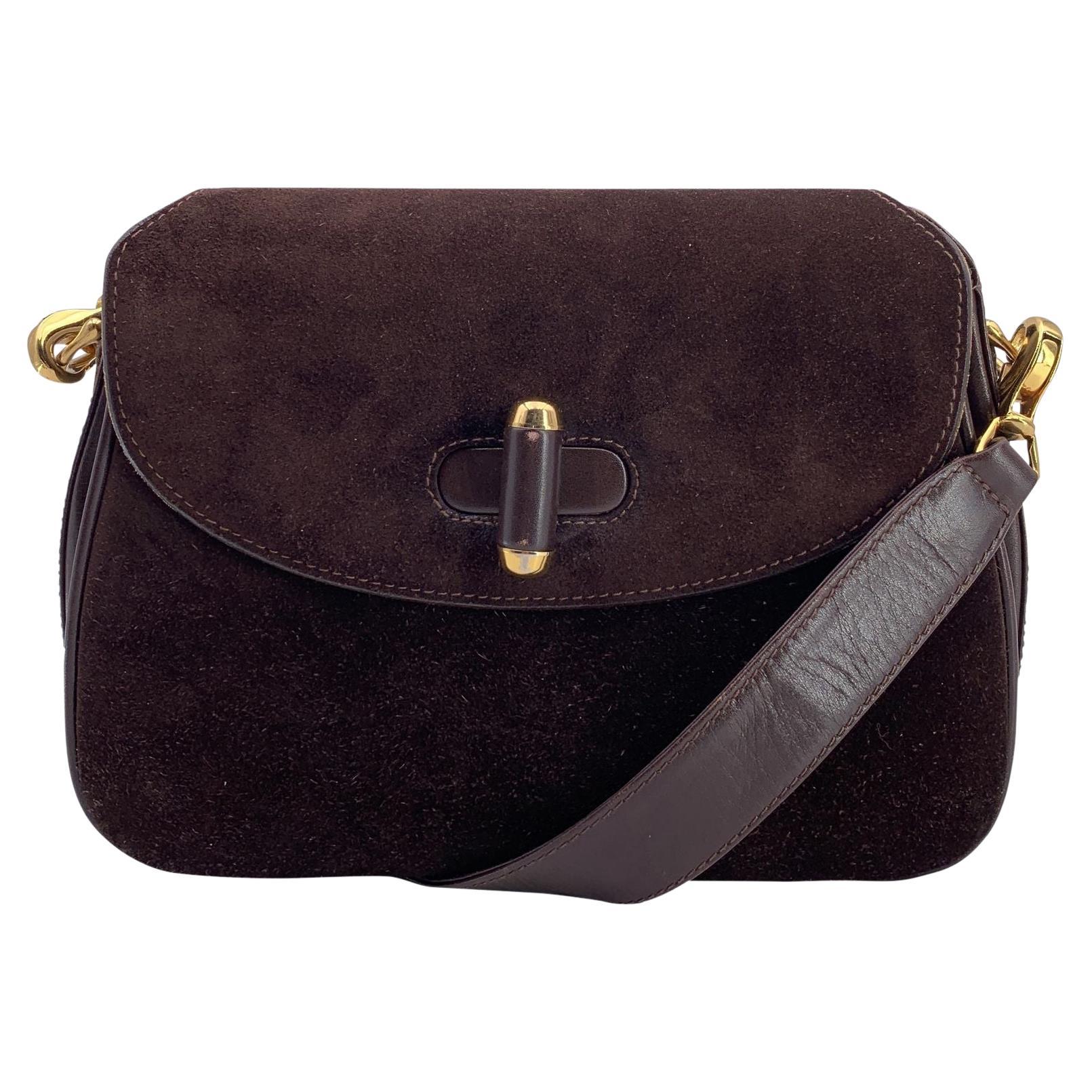 Gucci Vintage Brown Suede and Leather Turn Lock Shoulder Bag