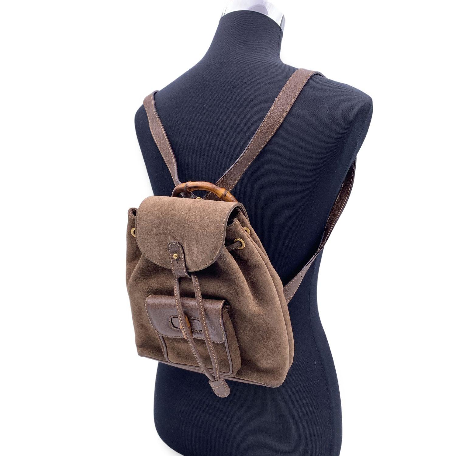 Gucci Vintage Brown Suede Bamboo Small Backpack Shoulder Bag en vente 4