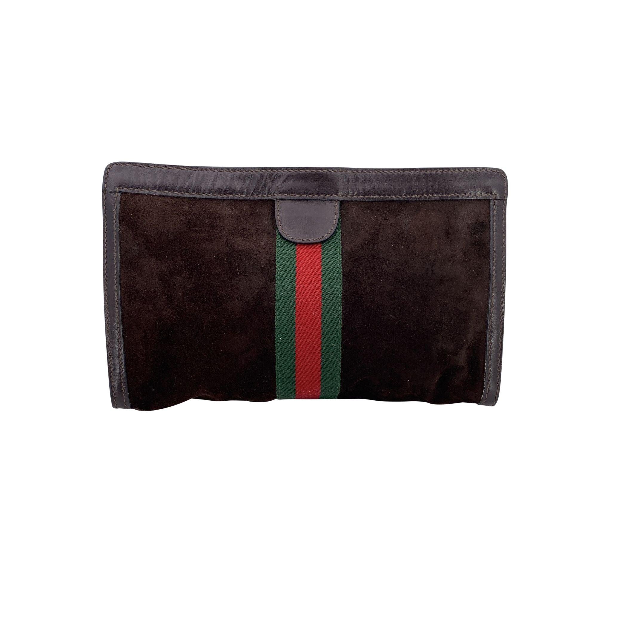 Gucci Vintage Brown Suede Cosmetic Bag Clutch Web with Stripes Negro