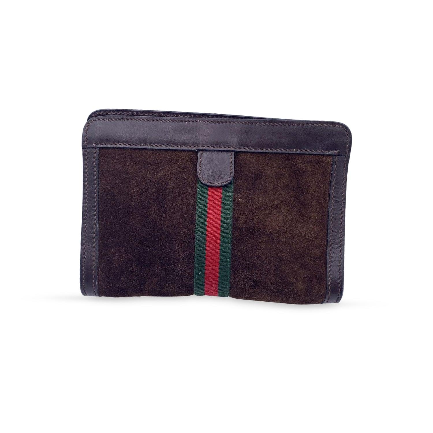 Gucci Vintage Brown Suede Cosmetic Bag Clutch Web with Stripes In Good Condition In Rome, Rome