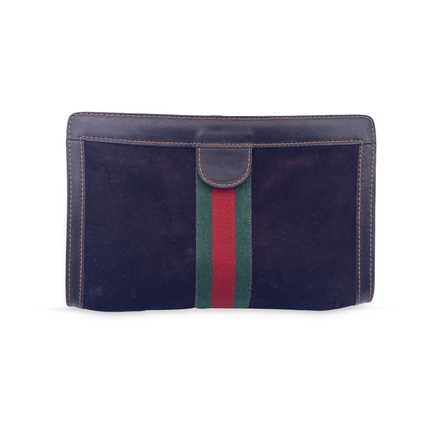 Gucci Vintage Brown Suede Cosmetic Bag Clutch Web with Stripes In Good Condition In Rome, Rome