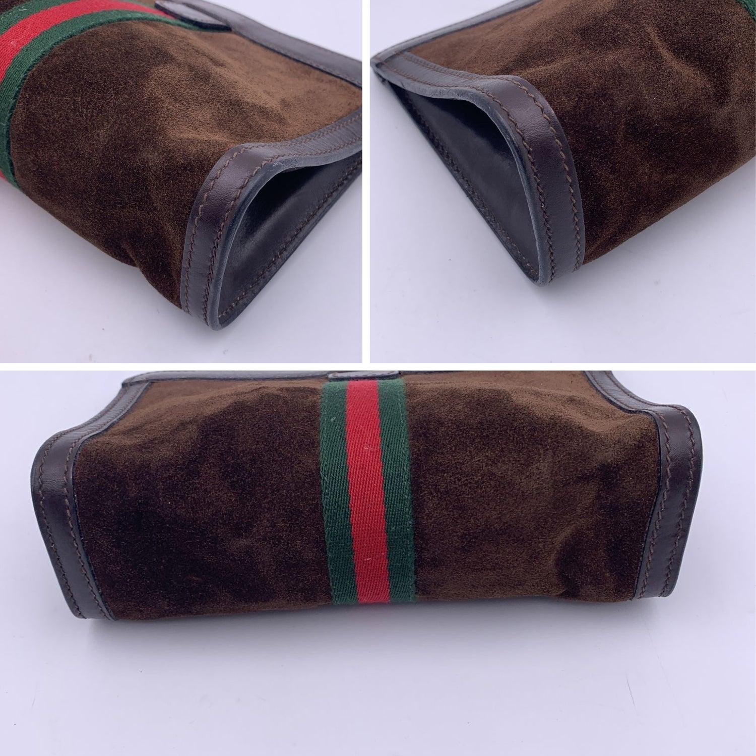 Women's or Men's Gucci Vintage Brown Suede Cosmetic Bag Clutch Web with Stripes