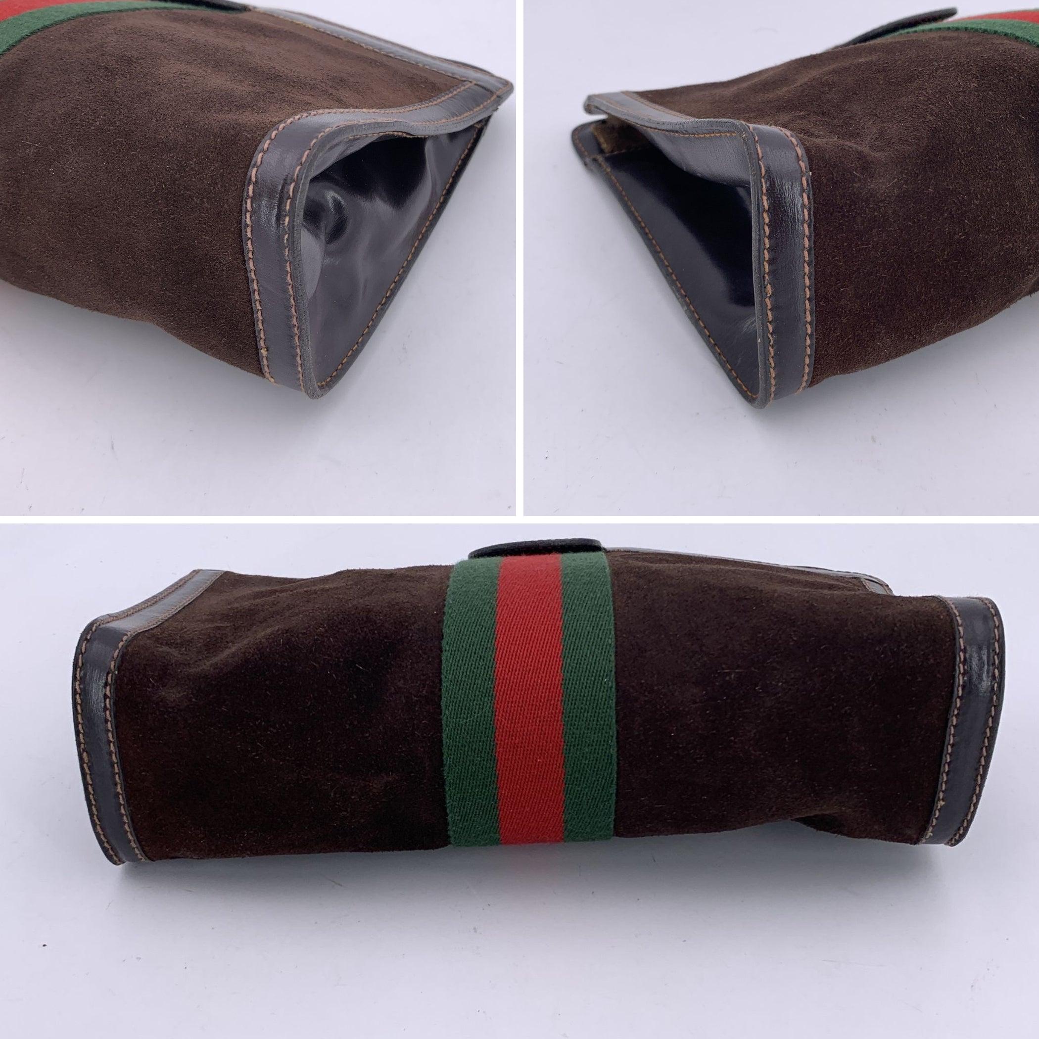 Gucci Vintage Brown Suede Cosmetic Bag Clutch Web con strisce in vendita 1