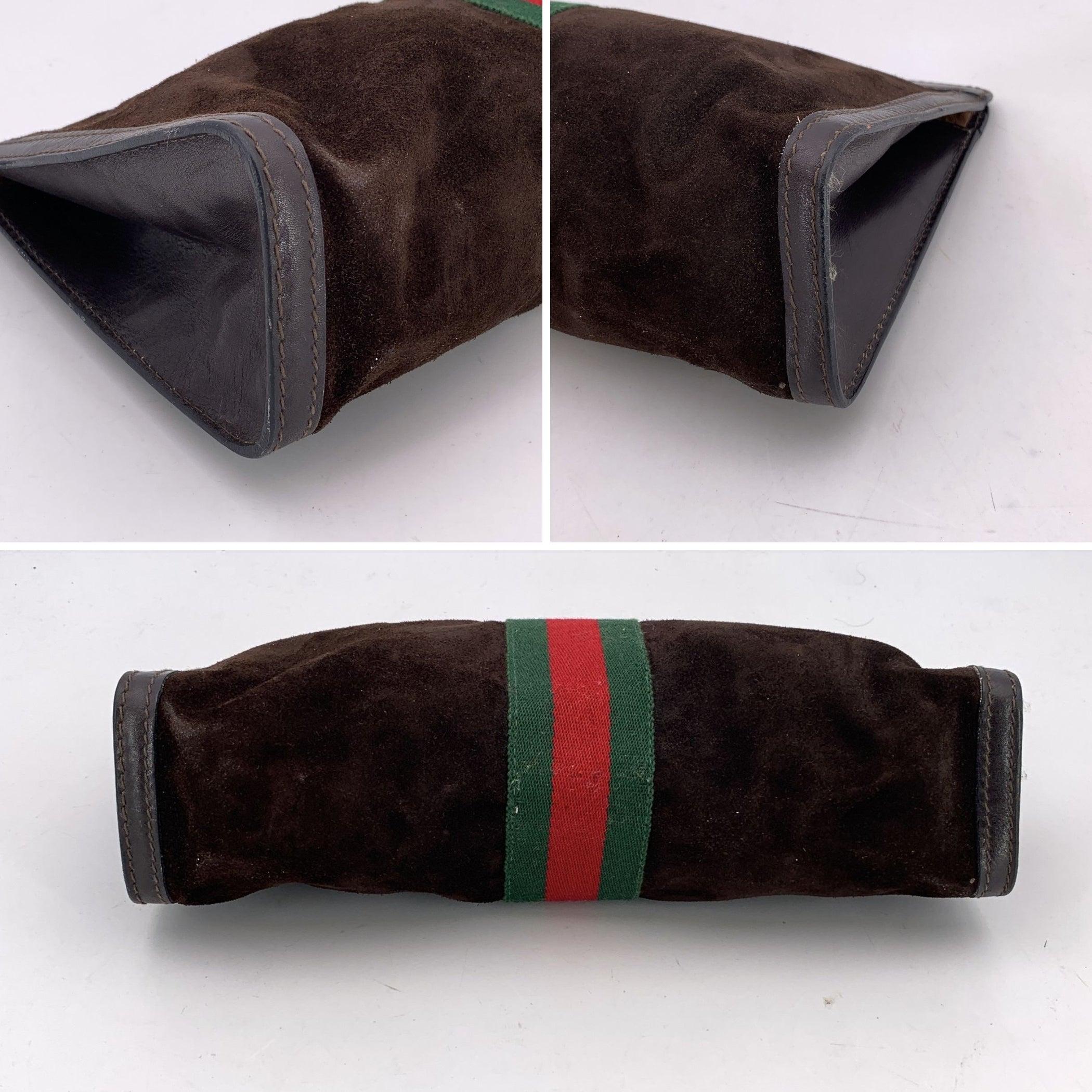 Gucci Vintage Brown Suede Cosmetic Bag Clutch Web with Stripes 1