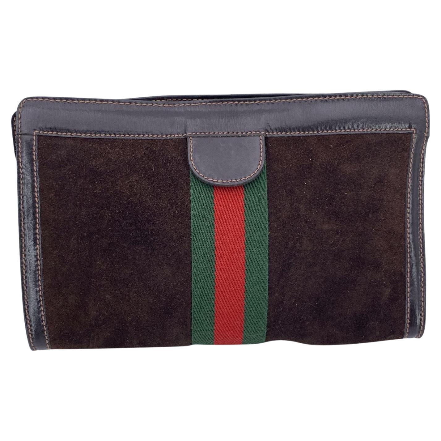 Gucci Vintage Brown Suede Cosmetic Bag Clutch Web con strisce in vendita