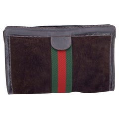 Gucci Vintage Brown Suede Cosmetic Bag Clutch Web con strisce
