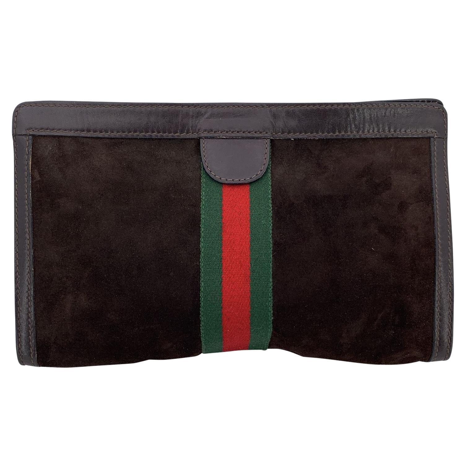 Gucci Vintage Brown Suede Cosmetic Bag Clutch Web with Stripes