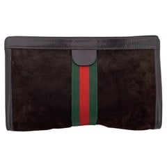 Gucci Vintage Brown Suede Cosmetic Bag Clutch Web with Stripes