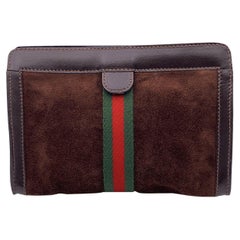 Gucci Vintage Brown Suede Cosmetic Bag Clutch Web with Stripes