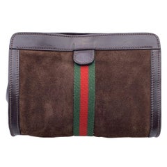Gucci Vintage Brown Suede Cosmetic Bag Clutch Web with Stripes