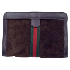Gucci Vintage Brown Suede Cosmetic Bag Clutch Web with Stripes