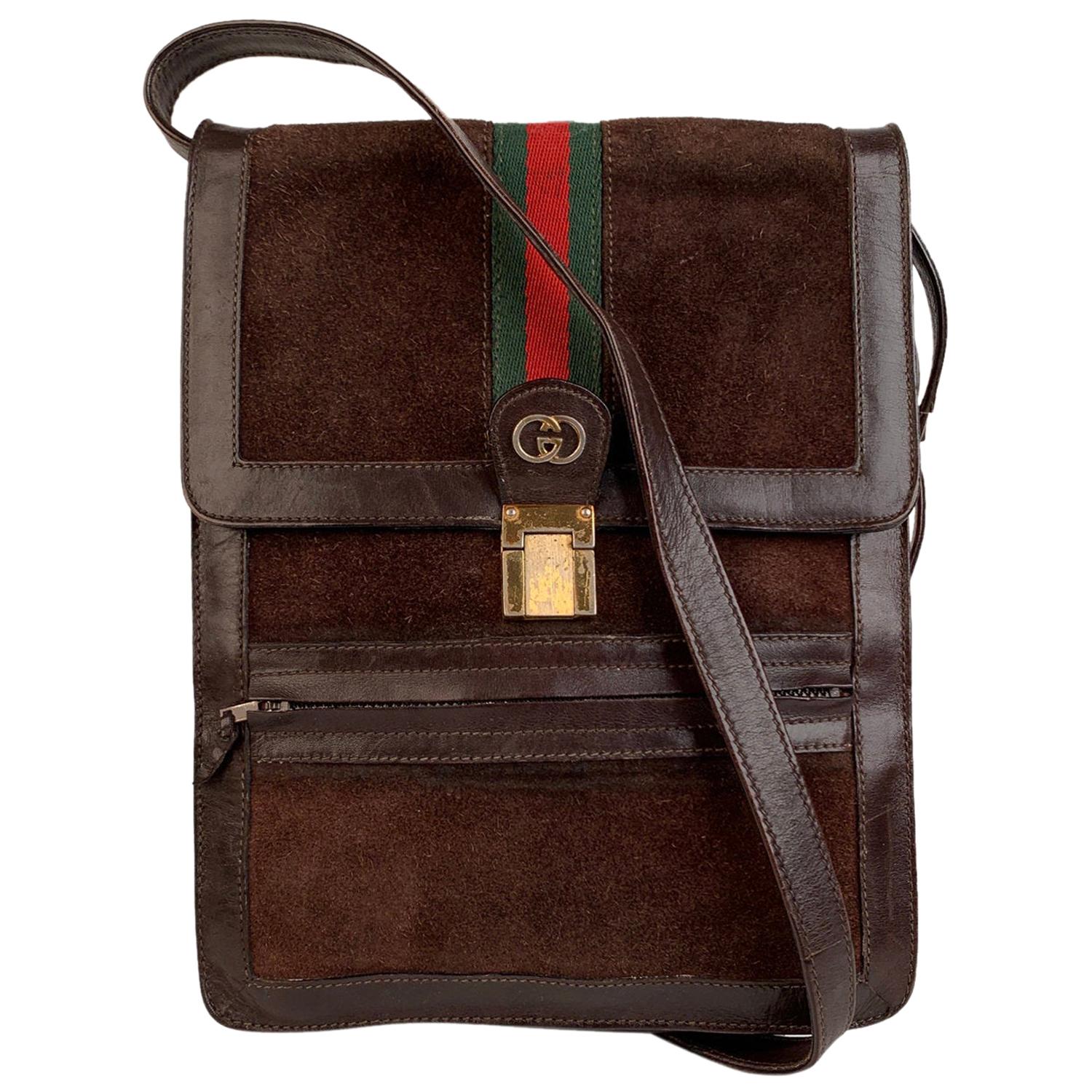 Gucci Vintage Brown Suede Crossbody Bags Men Purse with Stripes