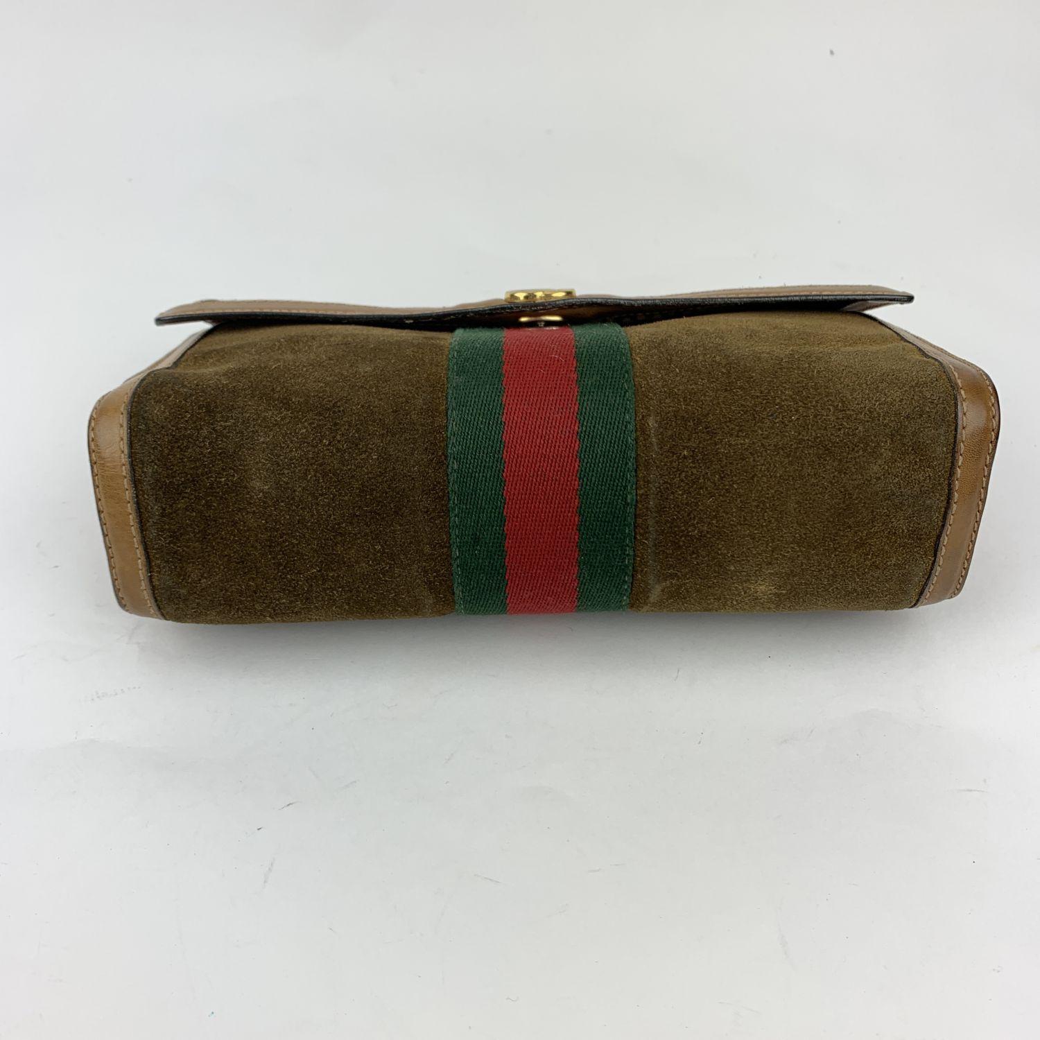 Women's Gucci Vintage Brown Suede Flap Cosmetic Bag Clutch with Stripes