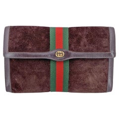 Gucci Vintage Brown Suede Flap Cosmetic Bag Clutch with Stripes