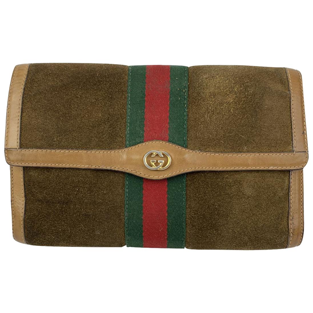 Gucci Vintage Brown Suede Flap Cosmetic Bag Clutch with Stripes