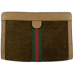Gucci Vintage Brown Suede Flap Cosmetic Bag Clutch with Stripes