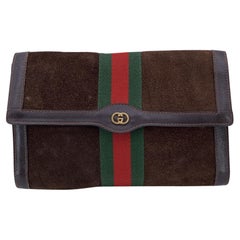 Gucci Vintage Brown Suede Flap Cosmetic Bag Clutch with Stripes